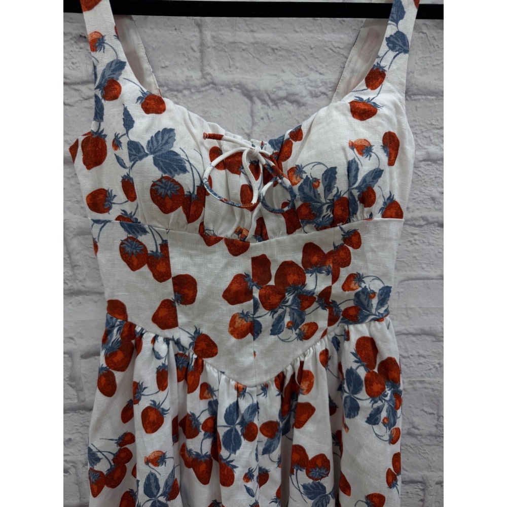 Reformation Balia Linen Strawberry Print Basque Waist Midi Dress White Red Sz 2 - Picture 7 of 16